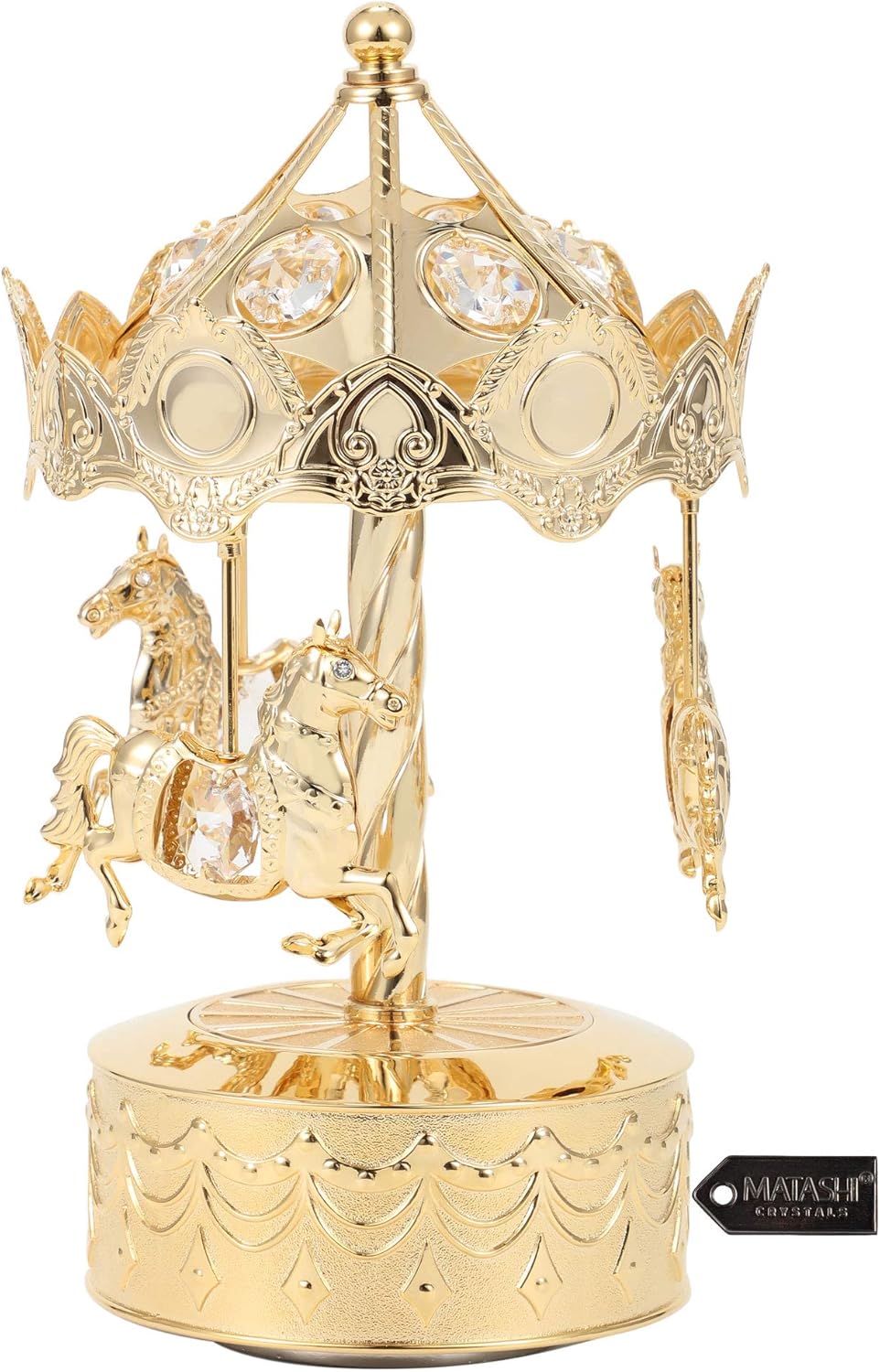 Matashi Tabletop Crystal Studded Music Box Carousel with Horses Figurine, Home Decorative Showpiece Ornament (24k Gold Plated) Gift for Birthday Mother's Day Valentine's Day Anniversary