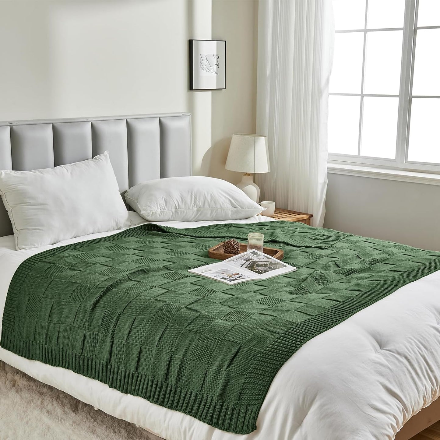 CozeCube Check Knit Throw Blanket, Christmas Green Checkered Bedroom Blanket for Couch, Soft Cozy Warm Knitted Blanket for Bed Sofa Living Room, Decorative Spring Fall Throw Blanket, 50"X60"