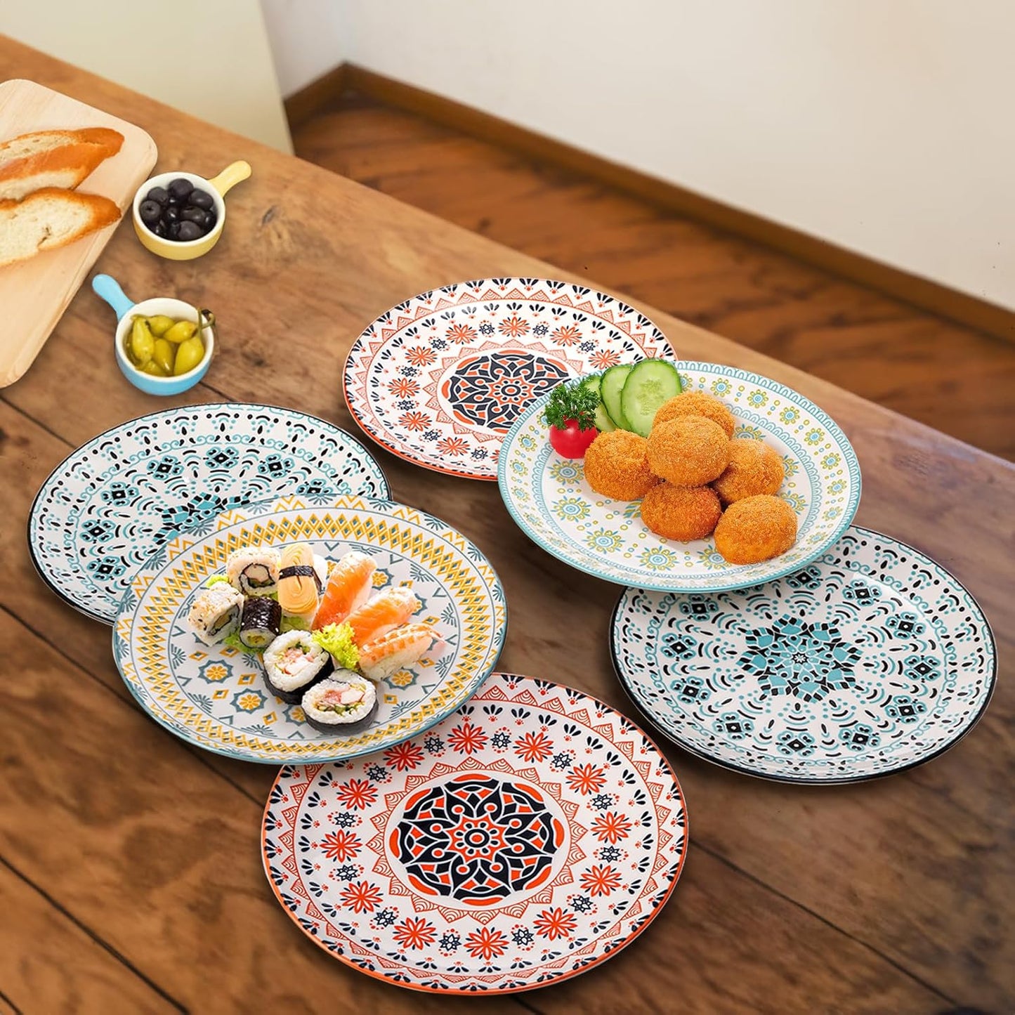 Foraineam 8 Pieces 8 Inch Round Porcelain Salad Plates, Decorative Appetizer Plates Dessert Dishes, Colorful Floral Serving Dishes for Luncheon, Steak, Fruit, Snack, Microwave and Dishwasher Safe