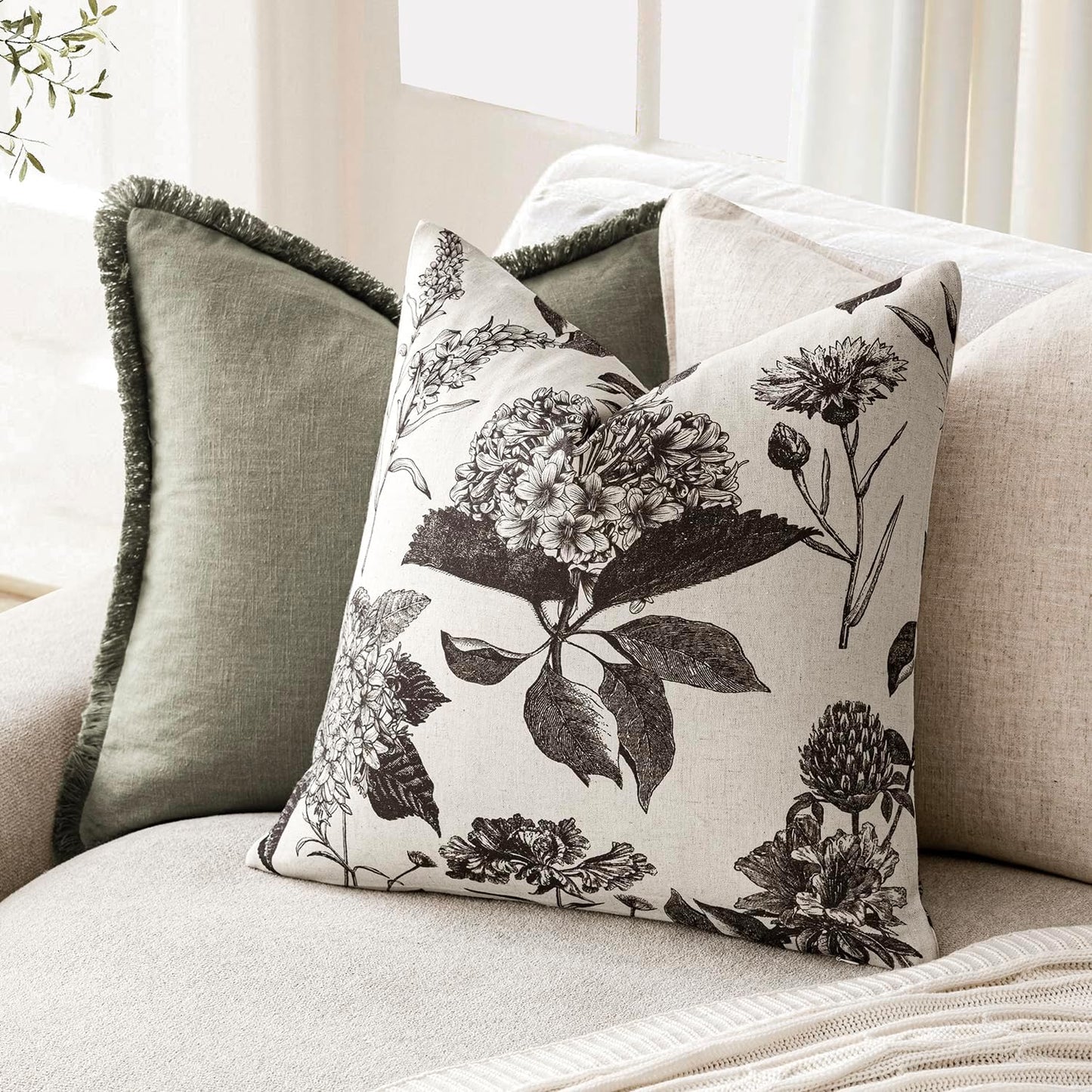 Foindtower Set of 2 Linen Floral Vintage Throw Pillow Covers Neutral Accent Print Decorative Cushion Covers Farmhouse Boho Home Decor for Sofa Chair Couch Bedroom Living Room,20×20 Inch,Black