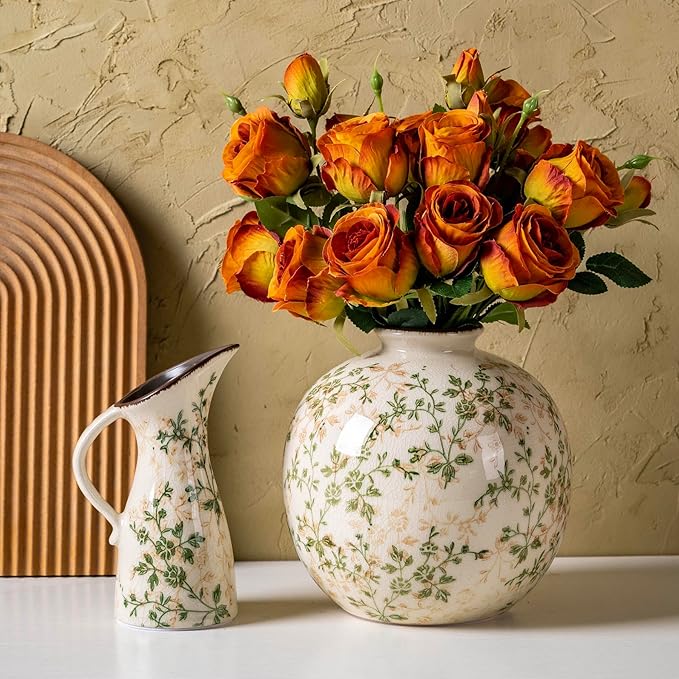 Set of 2 Vases, Green and Beige Pastoral Vintage Vase Set for Flowers, Rustic Farmhouse Decorative Vases for Home Decor, Chinoiserie Floral Vase, Living Room Table Centerpiece