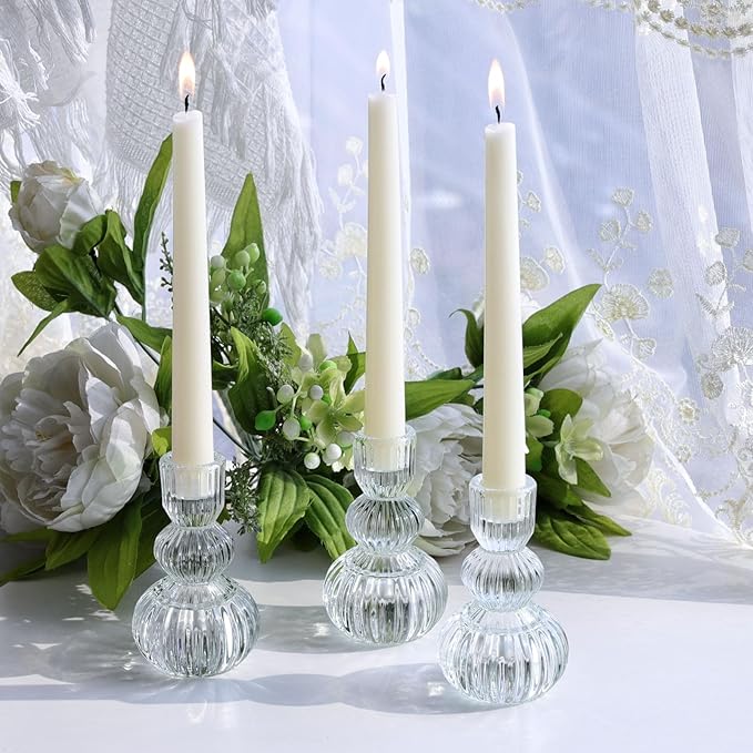 Woho Clear Taper Candle Holders 4.3" H Set of 3 for Wedding Table, Ribbed Glass Candlestick Holders for Daily Home Decor, Vintage Candle Sticks Holder Decor for Thanksgiving Christmas