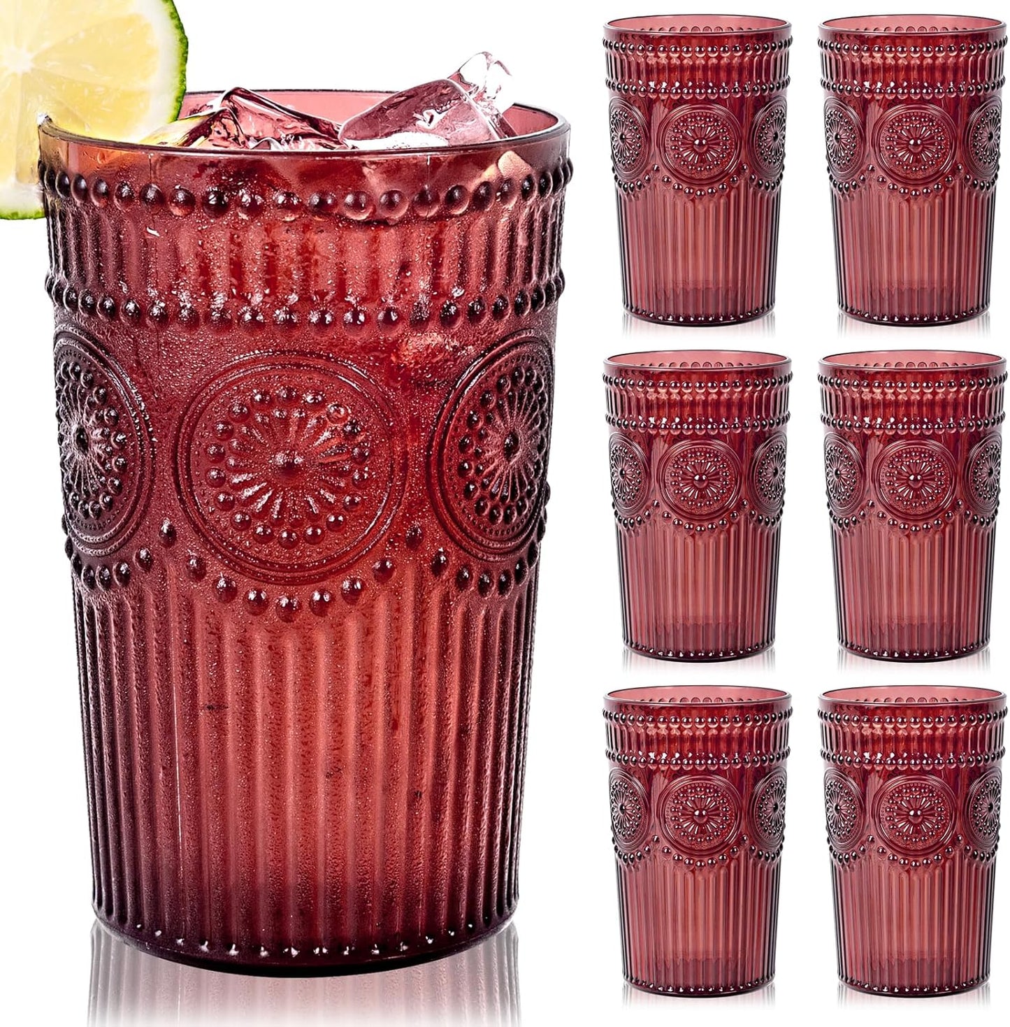 Ciaell 12 Pack Romantic Plastic Water Glasses - 14 Oz Burgundy Vintage Drinking Glasses, Embossed Ribbed Plastic Cups, Textured Striped Set for Juice, Beverages, Beer, Cocktail & Christmas
