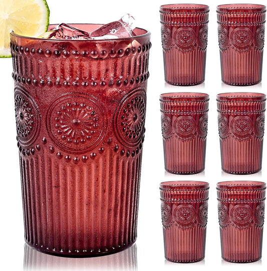Ciaell 12 Pack Romantic Plastic Water Glasses - 14 Oz Burgundy Vintage Drinking Glasses, Embossed Ribbed Plastic Cups, Textured Striped Set for Juice, Beverages, Beer, Cocktail & Christmas