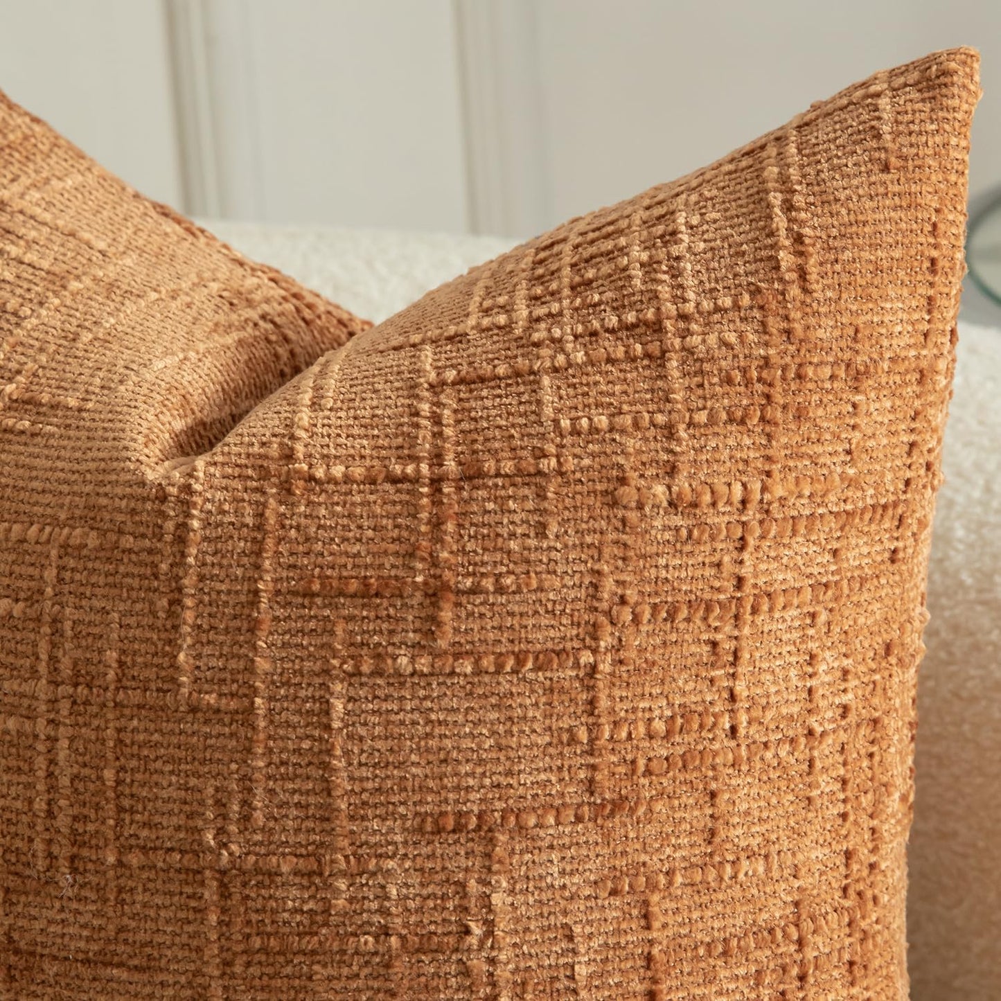 MANDIOO Pack of 2 Soft Chenille Textured Throw Pillow Covers Square Accent Solid Decorative Cushion Cover Cozy Farmhouse Pillow Case for Couch Sofa Bed Living Room 24x24 Inch Burnt Orange