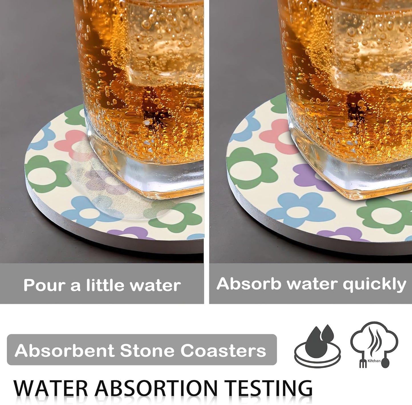 Drink Coasters for Drinks Set of 6, Vintage Groovy Flowers Absorbent Round Ceramic Stone Mat Coaster, with Cork Base and Metal Holder, Home Bar Decor House Warming Gift