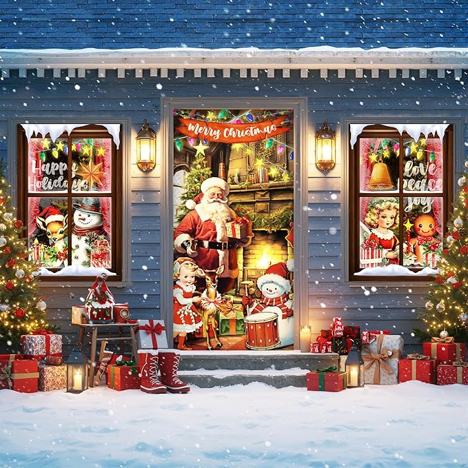 Tioncy 3 Pcs Merry Christmas Door Decorations Set 71" x 35" Christmas Door Cover 47" x 32" Window Cover Santa Claus Reindeer Snowman Gingerbread Bell Pattern Porch Banner Indoor Outdoor Decoration