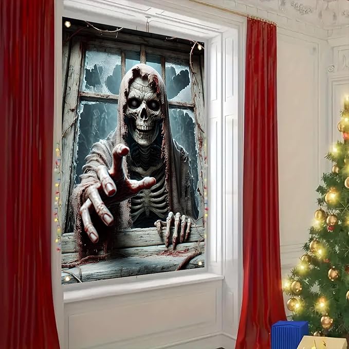 Window Cover Halloween 47x31 Inch Scary Skeleton Grim Reaper Banner Creepy Horror Window Decoration for Haunted House Outdoor Indoor Poster Trick or Treat Decor