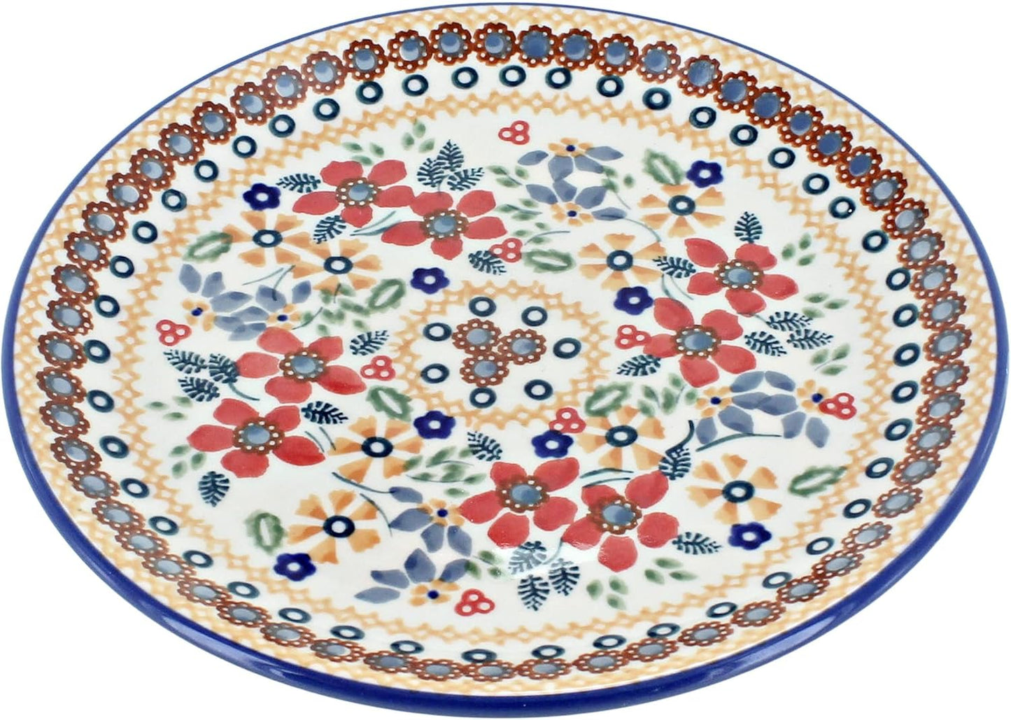 Blue Rose Polish Pottery - Red Daisy Dessert Plate - 7" Diameter - Beautiful Plate for Cake, Appetizers, or Snacks