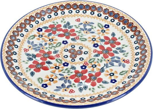 Blue Rose Polish Pottery - Red Daisy Dessert Plate - 7" Diameter - Beautiful Plate for Cake, Appetizers, or Snacks