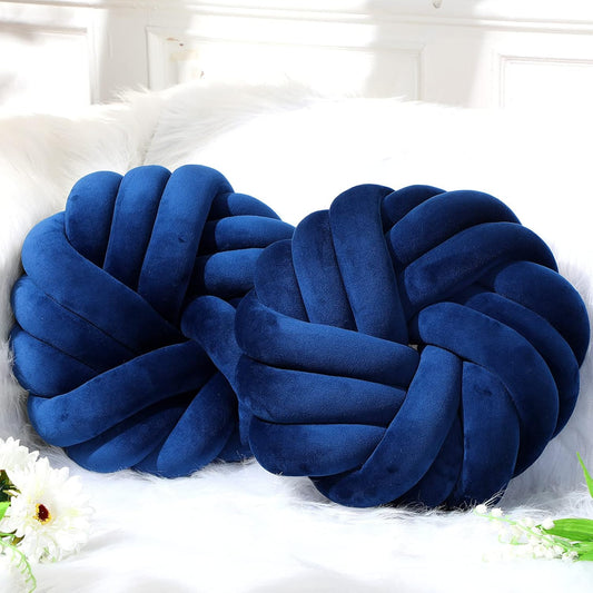 Fumete 2 Pcs 14 Inches Knot Pillow Round Throw Soft Plush Knot Ball Pillow Handmade Knotted Modern Home Decorative Cushion for Bed Bedroom, Sofa, Couch (Royal Blue)