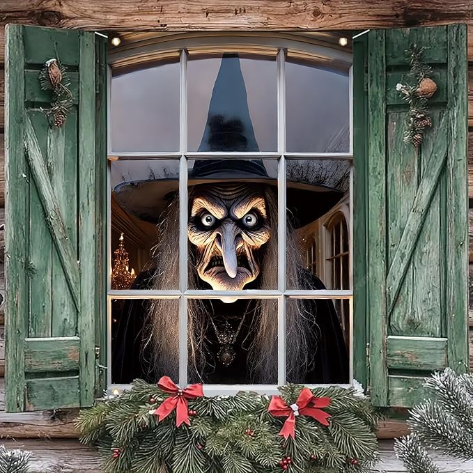 Window Cover Halloween 47x31 Inch Scary Witch Face Banner Creepy Window Decoration for Haunted House Outdoor Indoor Horror Poster Trick or Treat Prop Decor