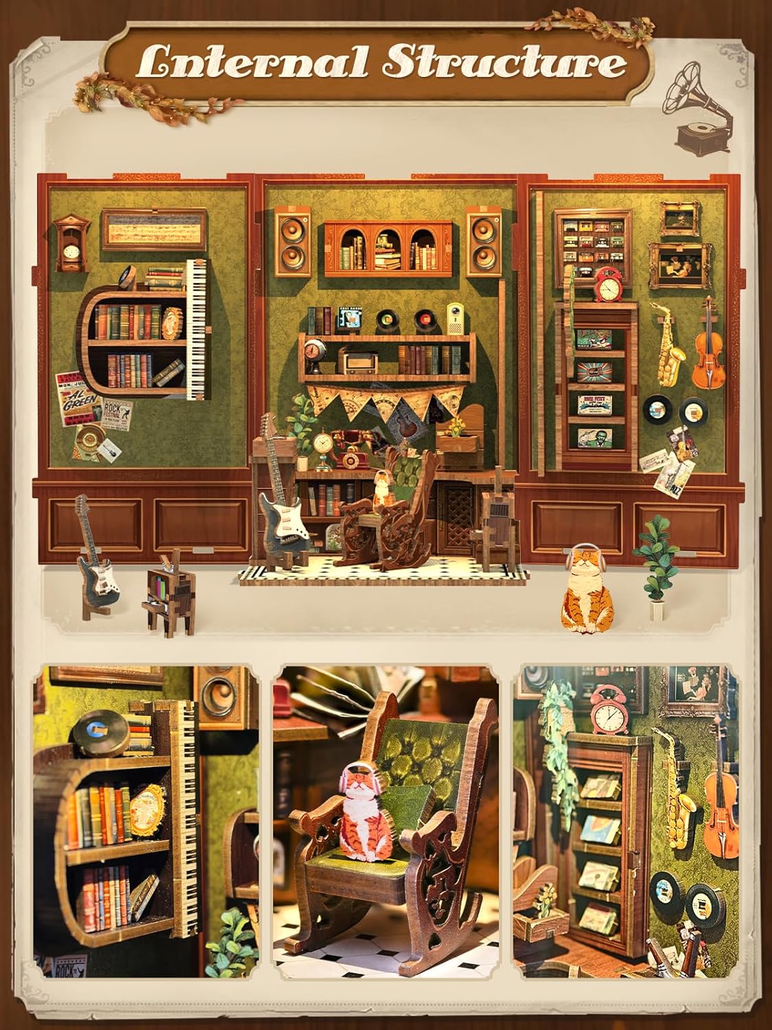 Cutefun Book Nook Kit - DIY Miniature House Kit for Bookshelf Decor, Book Nook Kits for Adults & Beginners, 3D Wooden Puzzle Dollhouse, Ideal Gift for Book Lovers (Memories Music Bookshop)