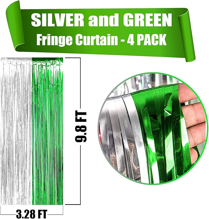 4 Pack Silver Green Foil Fringe Curtain Backdrop, 3.28Ft x 9.8Ft Metallic Tinsel Foil Fringe Streamers Curtains for Photo Booth, Wedding, Mardi Gras, Birthday Carnival St Patrick Day Party Decoration