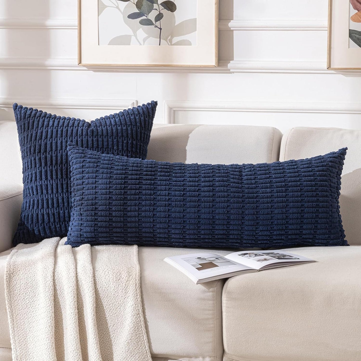 Fancy Homi Navy Blue Long Body Lumbar Decorative Throw Pillow Covers 14x36 Inch for Bed Couch Bedroom Bench, Soft Corduroy Rectangle Solid Pillow Case, Rustic Farmhouse Boho Room Decor
