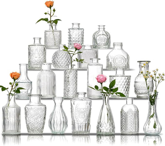 Glass Bud Vase Set of 20 - Small Vases for Flowers in Bulk - Assorted Vintage Crystal Vases for Flowers, Table Centerpieces (Clear, 20 Pcs)