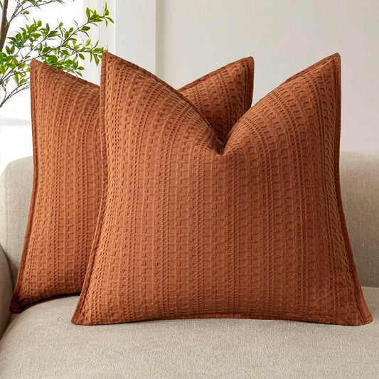 Foindtower Set of 2 Decorative Cotton Waffle Weave Throw Pillow Covers Euro Shams Cushion Covers Accent European Pillowcase for Bed Couch Sofa Bedroom Living Room Home Decor 26×26 Inch Burnt Orange