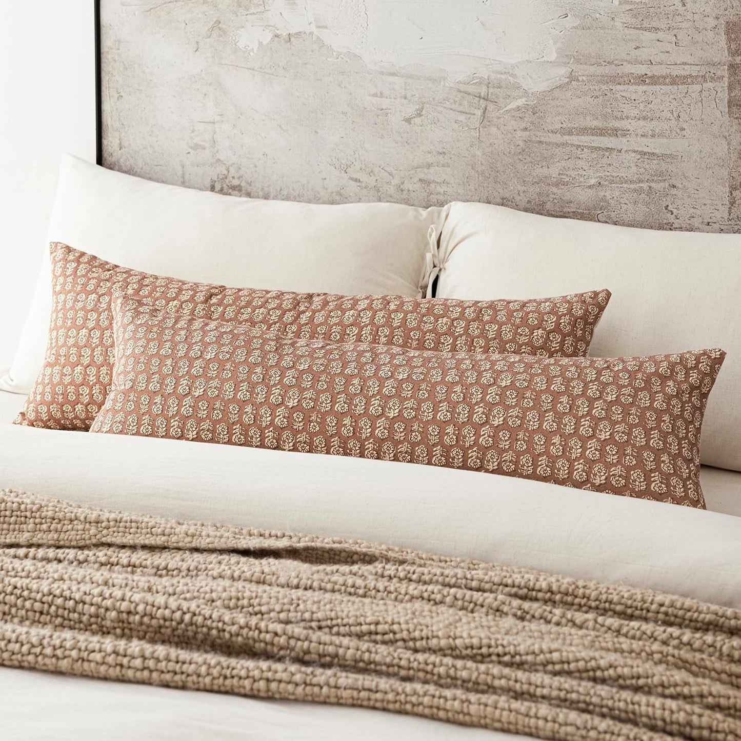 Foindtower Set of 2 Decorative Long Body Lumbar Throw Pillow Covers Neutral Farmhouse Cushion Covers Vintage Home Decor for Sofa Couch Chair Bedroom Living Room,14×36 Inch,Light Orange Brown