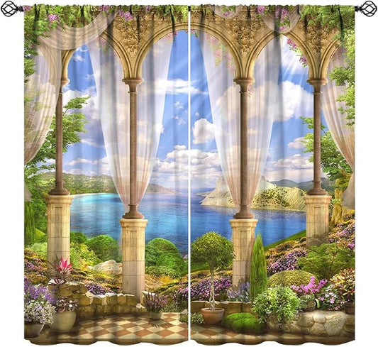 Gothic Blackout Curtains，Fantasy Spring Garden Arch Pattern Drapes Window 2 Panel Rod Pocket Curtain for Bedroom Living Room Decor 21" W X 63" L
