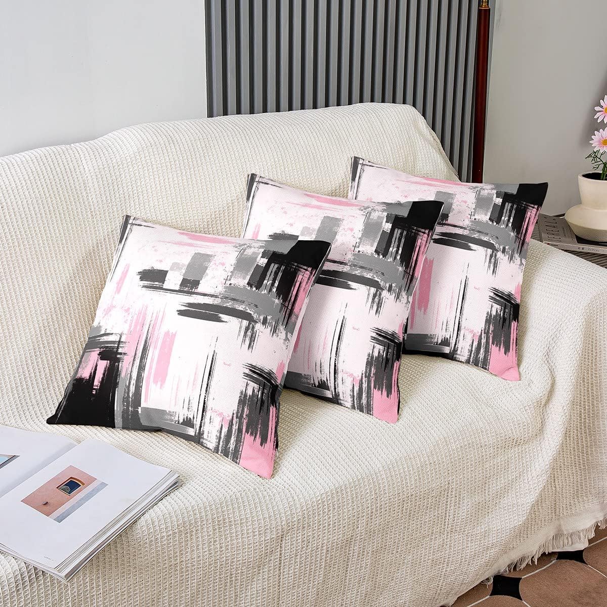 Feelyou Abstract Throw Pillow Covers for Couch Sofa Bed, Set of 2 Modern Abstract Art Decorative Pillows Cushion Covers, Retro Pink Black Pillow Inserts Not Included, 16x16 inch