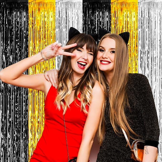 4 Pack Black Gold Silver Foil Fringe Curtain Backdrop, 3.28Ft x 9.8Ft Metallic Tinsel Foil Fringe Streamers for Photo Booth, Wedding, Notorious One Birthday Roaring 20s Graduation Party Decoration