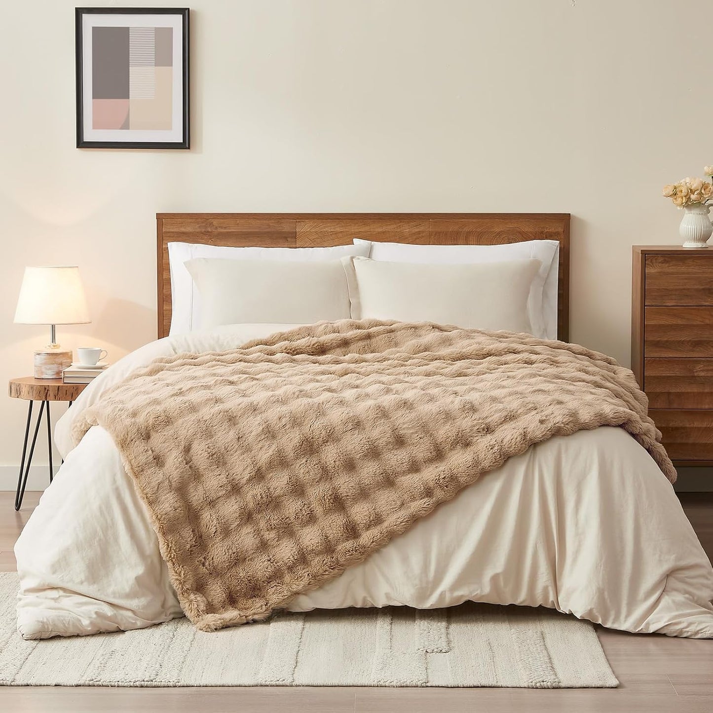 L'AGRATY Faux Rabbit Fur Blanket: 60" x 80" Twin Luxury Soft Fluffy Thick Fur Throw Blanket for Couch Bed - Cozy Plush Bubble Blankets for Winter: Flannel Fleece Decorative Blanket(Milk Tea Brown)