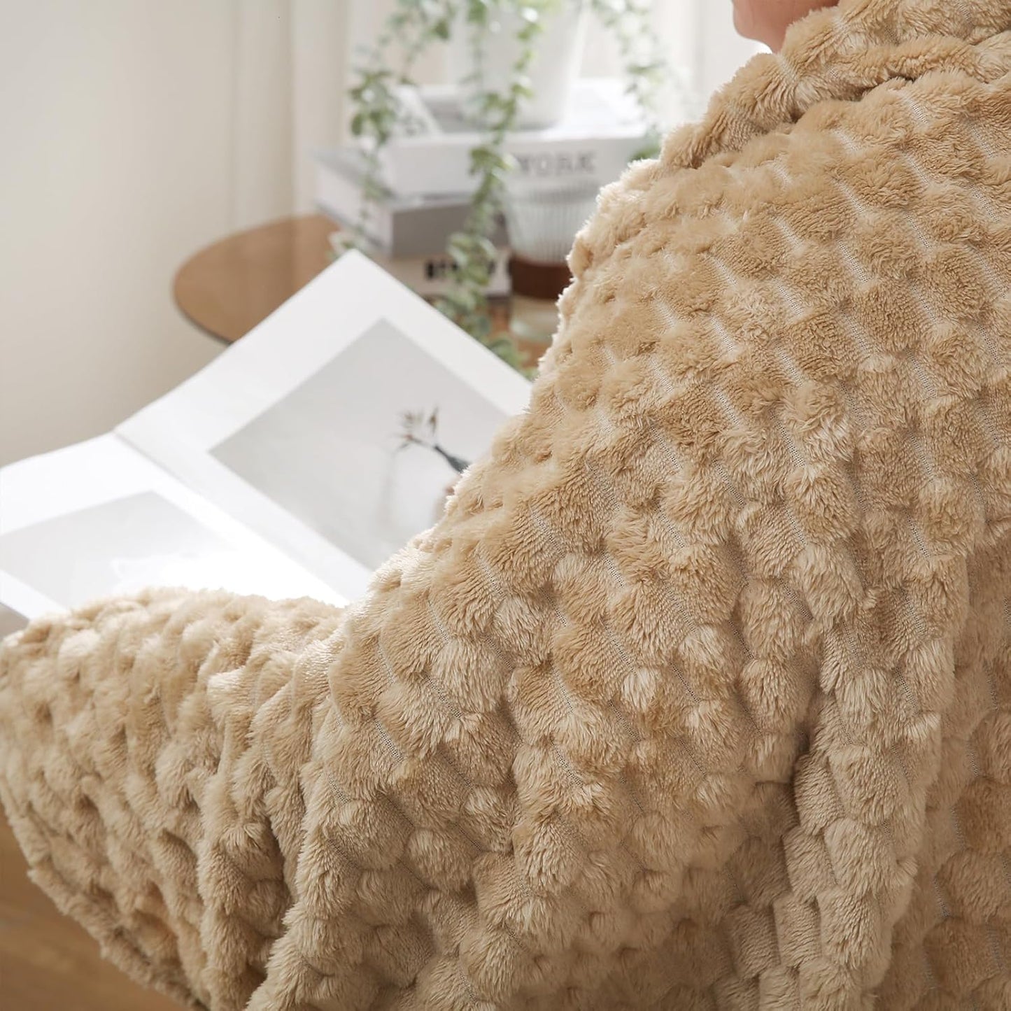 Beige Throw Blanket 50"×60" inches Fuzzy 3D Jacquard Decorative Flannel Fleece Super Soft Plush Cozy Blanket for Couch Sofa Chair Lightweight,Khaki