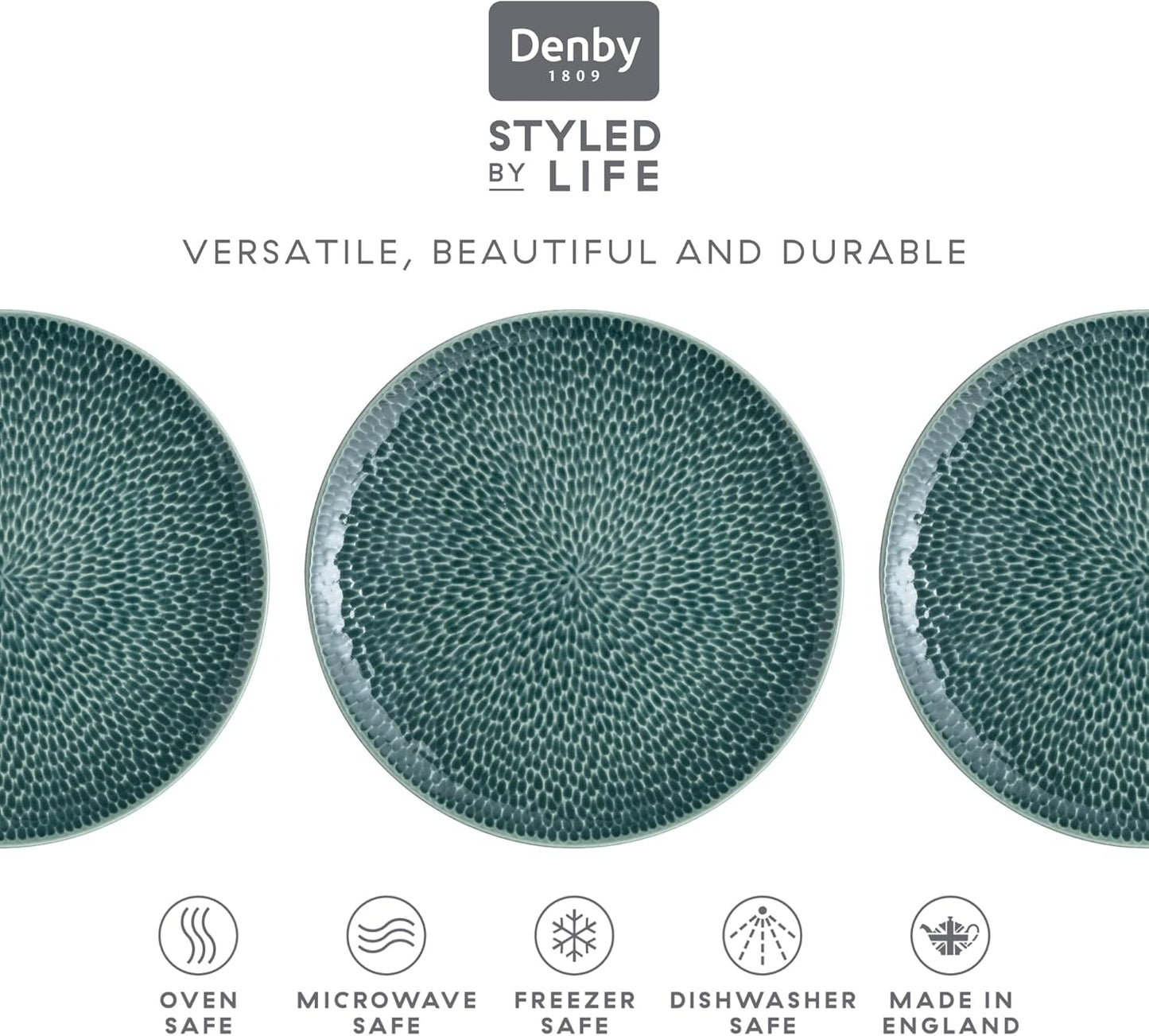 Denby - Carved Green Medium Plates Set of 4-9 Inch - Dishwasher Microwave Oven Safe - Uniquely Textured Porcelain Medium Plate - Scratch Chip Resistant