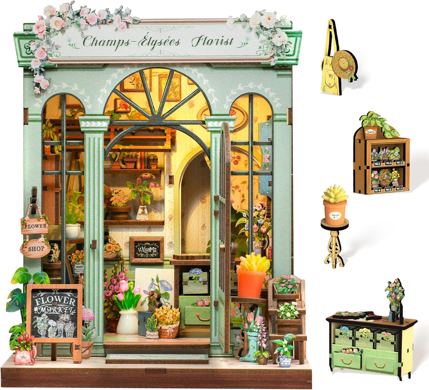 Cutefun Book Nook Kit - DIY Miniature Dollhouse Kit for Adults and Teens, French Flower Shop Mini House Building Kit with LED, 3D Wooden Puzzle for Beginner Creative Gifts (Champs-Élysées Florist)