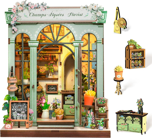 Cutefun Book Nook Kit - DIY Miniature Dollhouse Kit for Adults and Teens, French Flower Shop Mini House Building Kit with LED, 3D Wooden Puzzle for Beginner Creative Gifts (Champs-Élysées Florist)