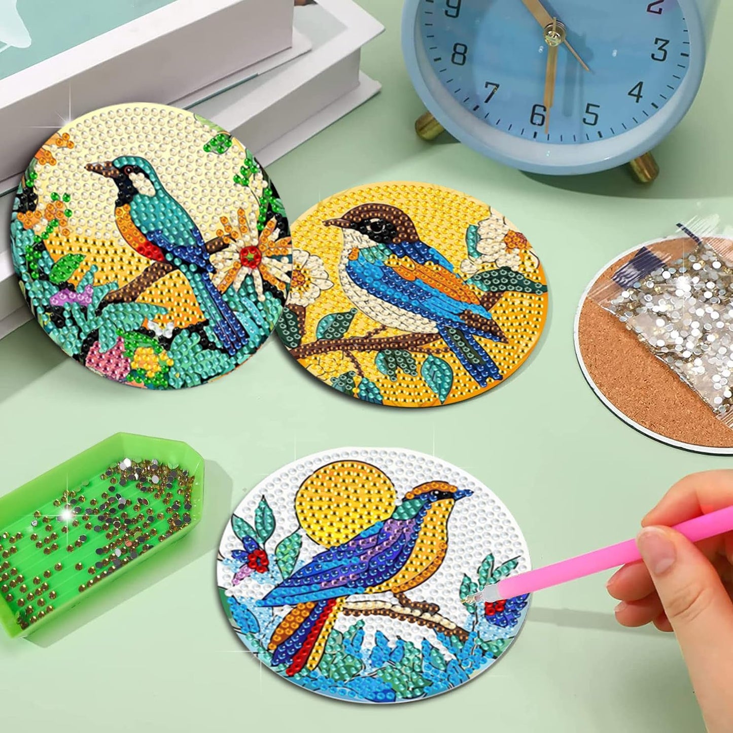 EWJRNSF 6 PCS Small Diamond Art Coasters Kits, Diamond Painting Coasters, Fall Diamond Art Kits for Adults Beginners, Arts and Crafts Item Sets with Holder for Drinks. Bird