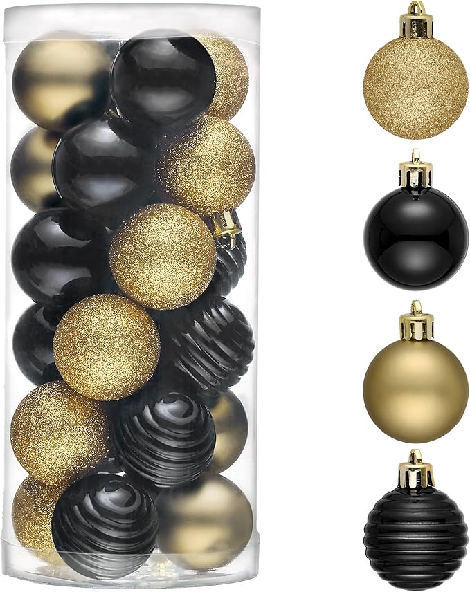 Valery Madelyn 1.57 Inches Small Christmas Tree Decorations Ornament Set for Fall Halloween, 24ct Black and Gold Shatterproof Hanging Ball Ornaments Holiday Party Decor