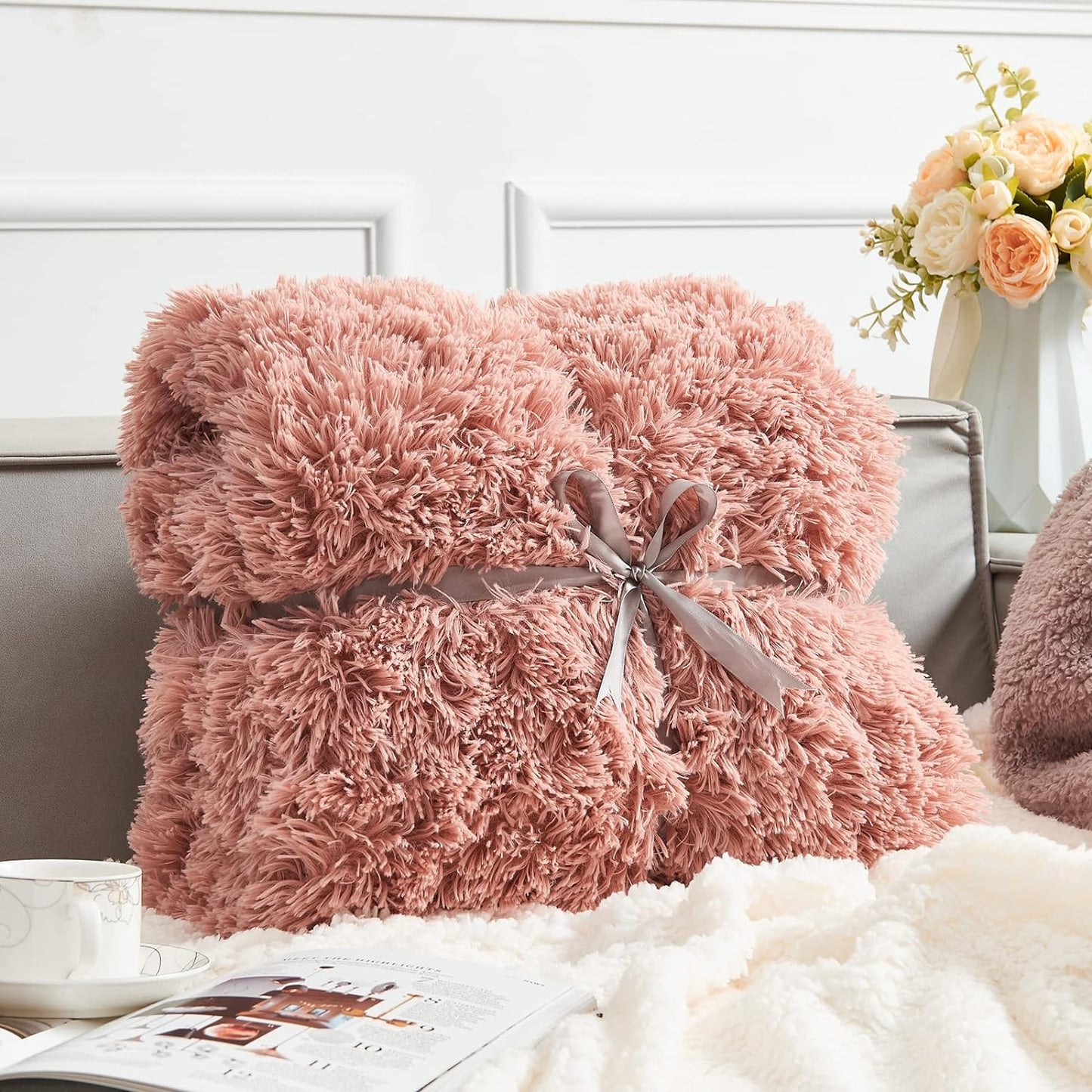 GONAAP Fuzzy Faux Fur Throw Blanket Queen Size Pink Super Soft Cozy Plush Fuzzy Shaggy Blanket for Couch Sofa Bed (Pink, Queen(90"x90"))