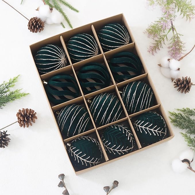 3.15INCH Green Velvet Ornaments for Christmas Tree, 12PCS Glitter Flocked Christmas Ornaments Decorations Balls Set Decor