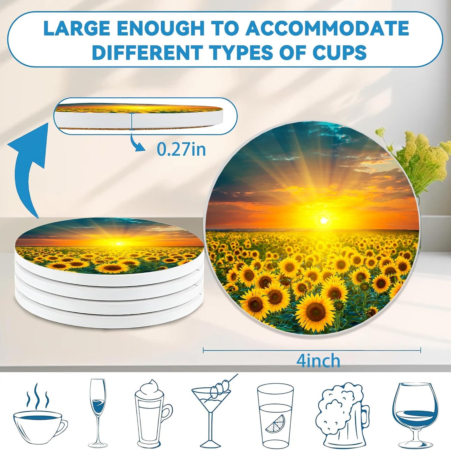 Drinks Coasters Set of 4, Sunflower Round 4" Cup Coasters, Absorbent Ceramic Stone Coasters with Cork Base, Cute Coasters for Table Home Décor, Ideal Gifts for Women Men
