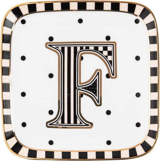 MACKENZIE-CHILDS Monogram Dish, Decorative Ceramic Letter Plate, 5 3/4" Square, F