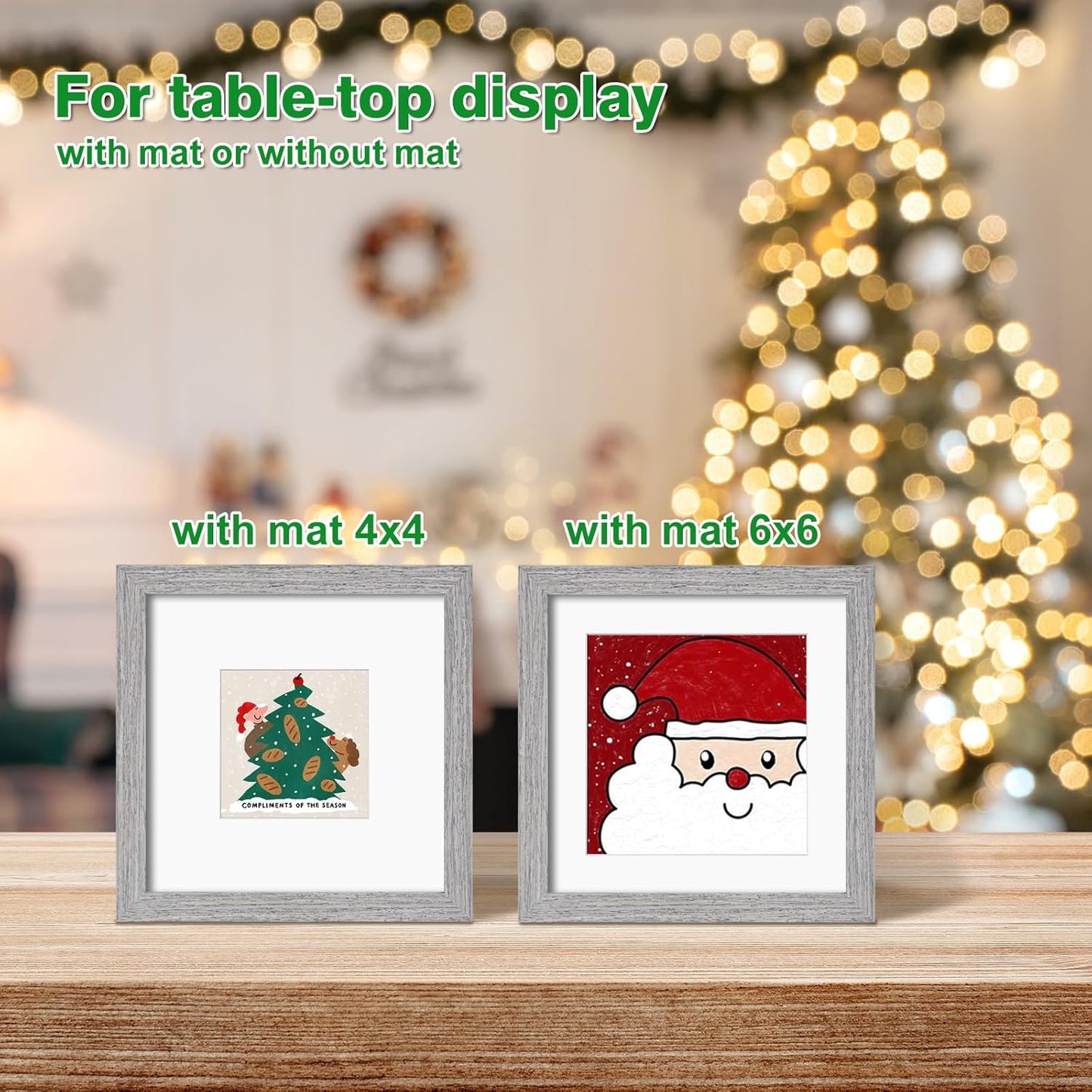 KINLINK 8x8 Picture Frame, Grey Square Solid Wood Frames for Pictures 4x4 and 6x6 with Mat or 8x8 without Mat, Wall and Tabletop Display Photo Frames Grey Wood 1 Pack