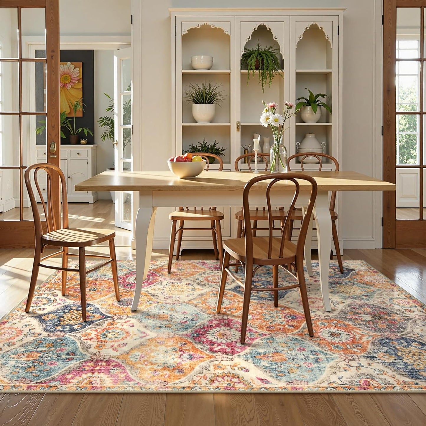 Lahome Moroccan Trellis Washable Area Rugs 5x7, 5x7 Area Rugs for Living Room Bedroom, Indoor Non-Slip Large Oriental Accent Throw Carpet for Kitchen Entryway Bathroom Office, Cream/Multi