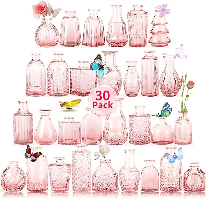 Glass Bud Vases in Bulk Set of 30 Pcs,Small Glass Vases for Flowers as Wedding Centerpieces for Tables,Clear Flower Vases Suitble for Wedding Decorations,Home Decor (Light Pink, 30 pcs)