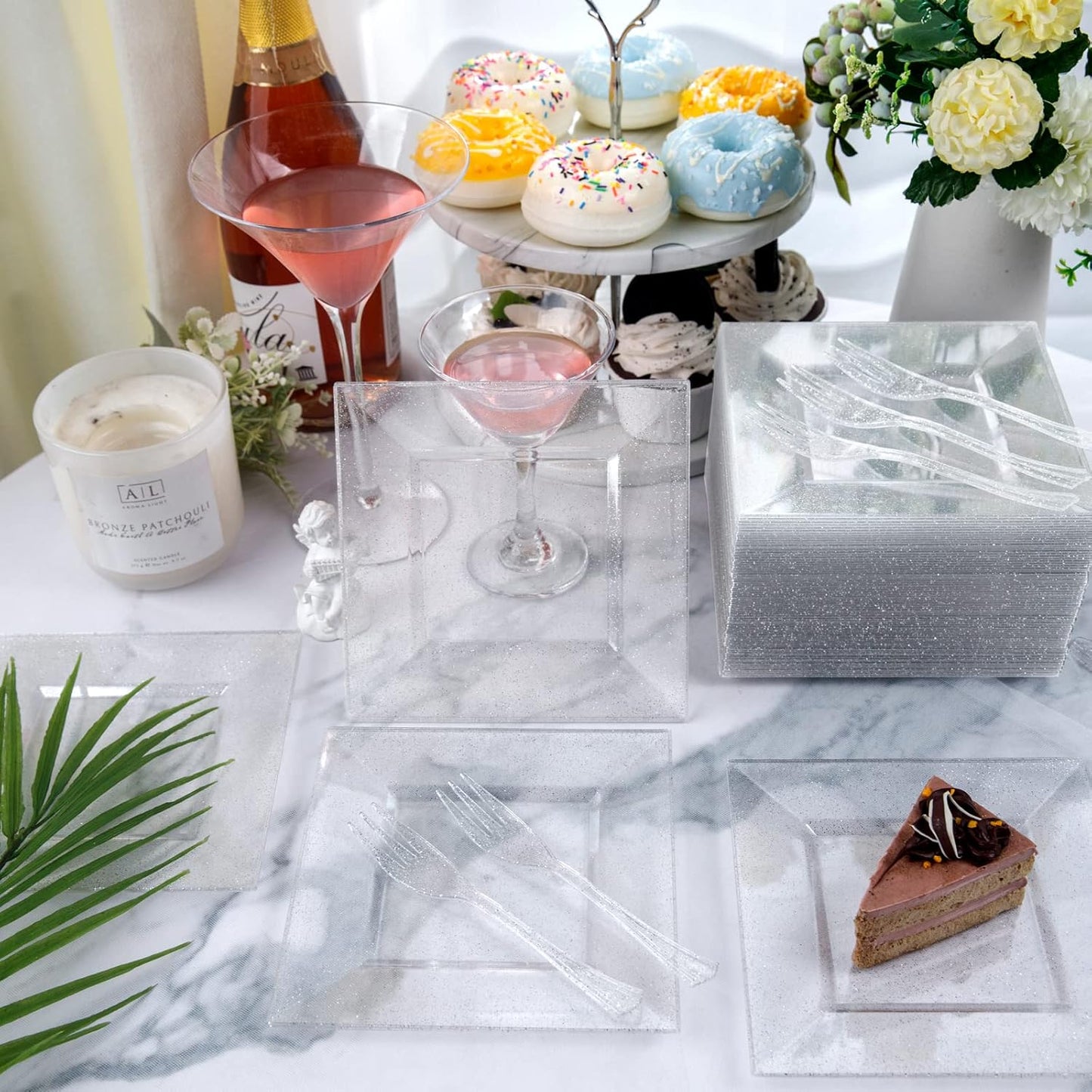 DaYammi 100 Pcs Plastic Dessert Plates 6" with 100 Pcs Plastic Forks 5.7"- Silver Glitter Disposable Square Plate Fancy Salad Plate Appetizer Plates and Silver Forks Combo Bulk Set for Wedding Party