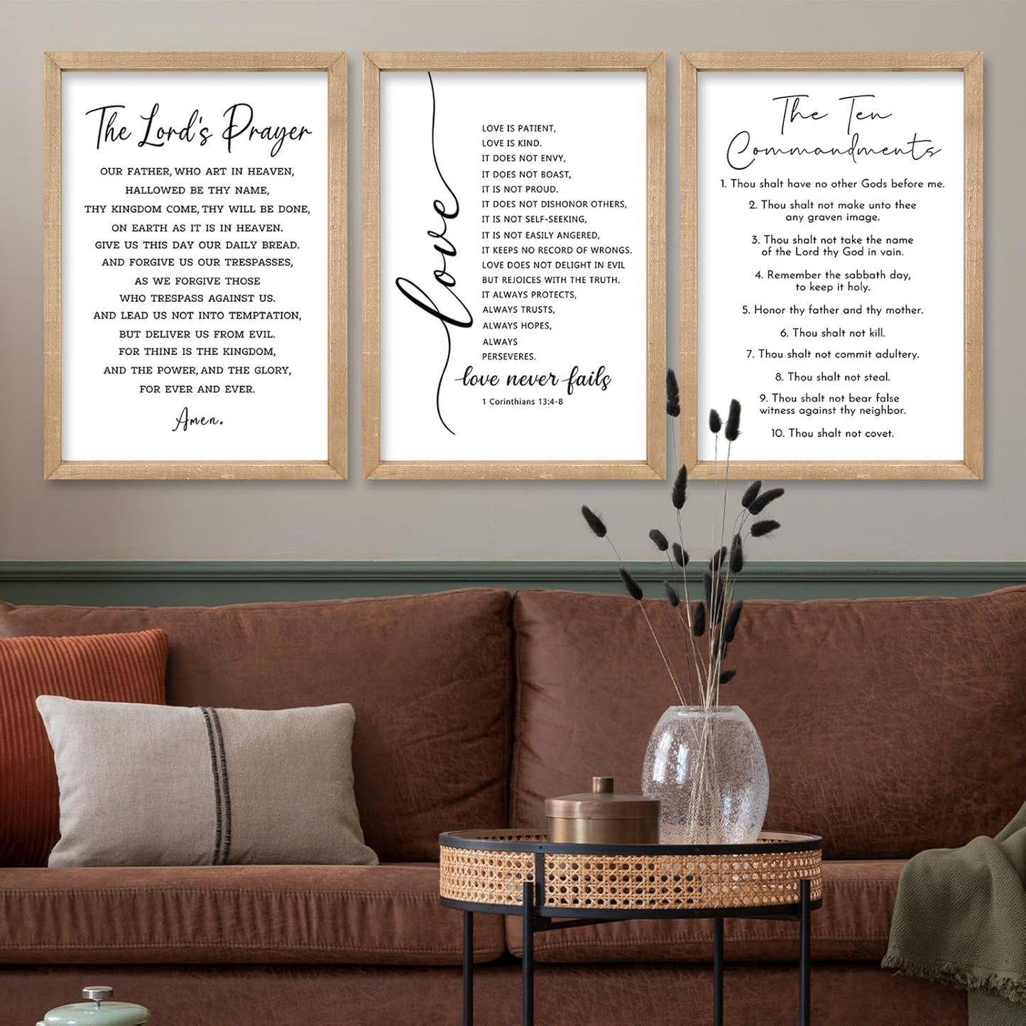comurdyo Christian Bible Verse Wall Art 24"×16" Set of 3 Positive Religious Minimalist Quotes Sign for Rustic God Jesus Christ Prayer Inspirational Catholic Scripture Decor Wood Framed Hanging (Wood)