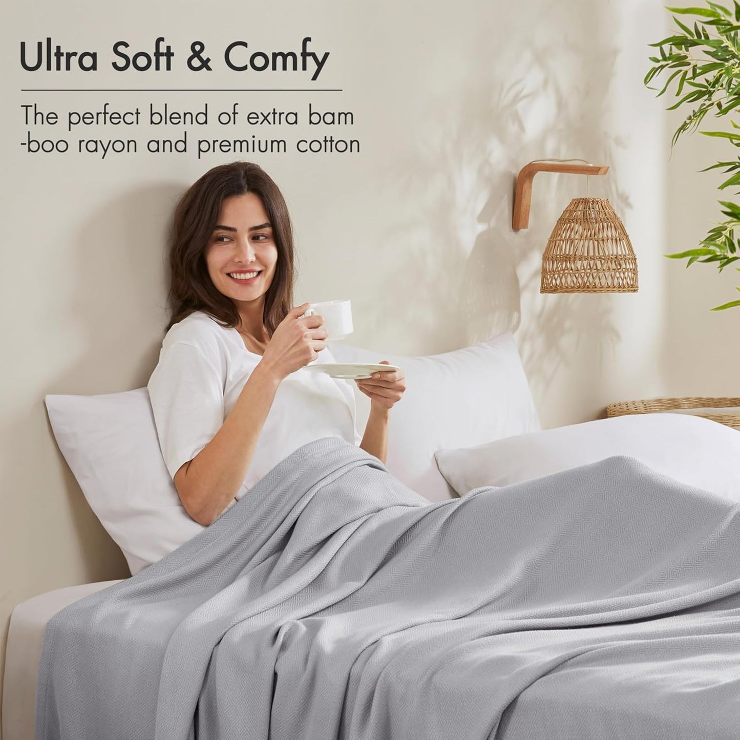 Madison Park Twin Size Blanket, 70% Rayon Bamboo-Based, 30% Cotton, Breathable for Hot Sleepers Menopause, Ultra Soft and Snag-Resistant, Summer Blanket for Bed or Couch, Twin 66"x90", Grey