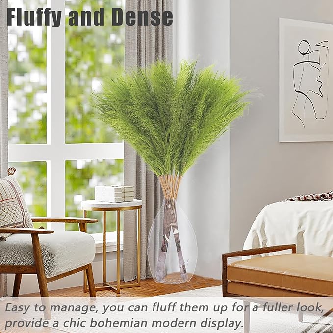 38" 10 Stems Tall Pampas Grass Decor - Faux Pampas Grass for Floor Vase Fluffy Artificial Pampas Grass for Boho Home Wedding Mothers Day Decoration（Green）