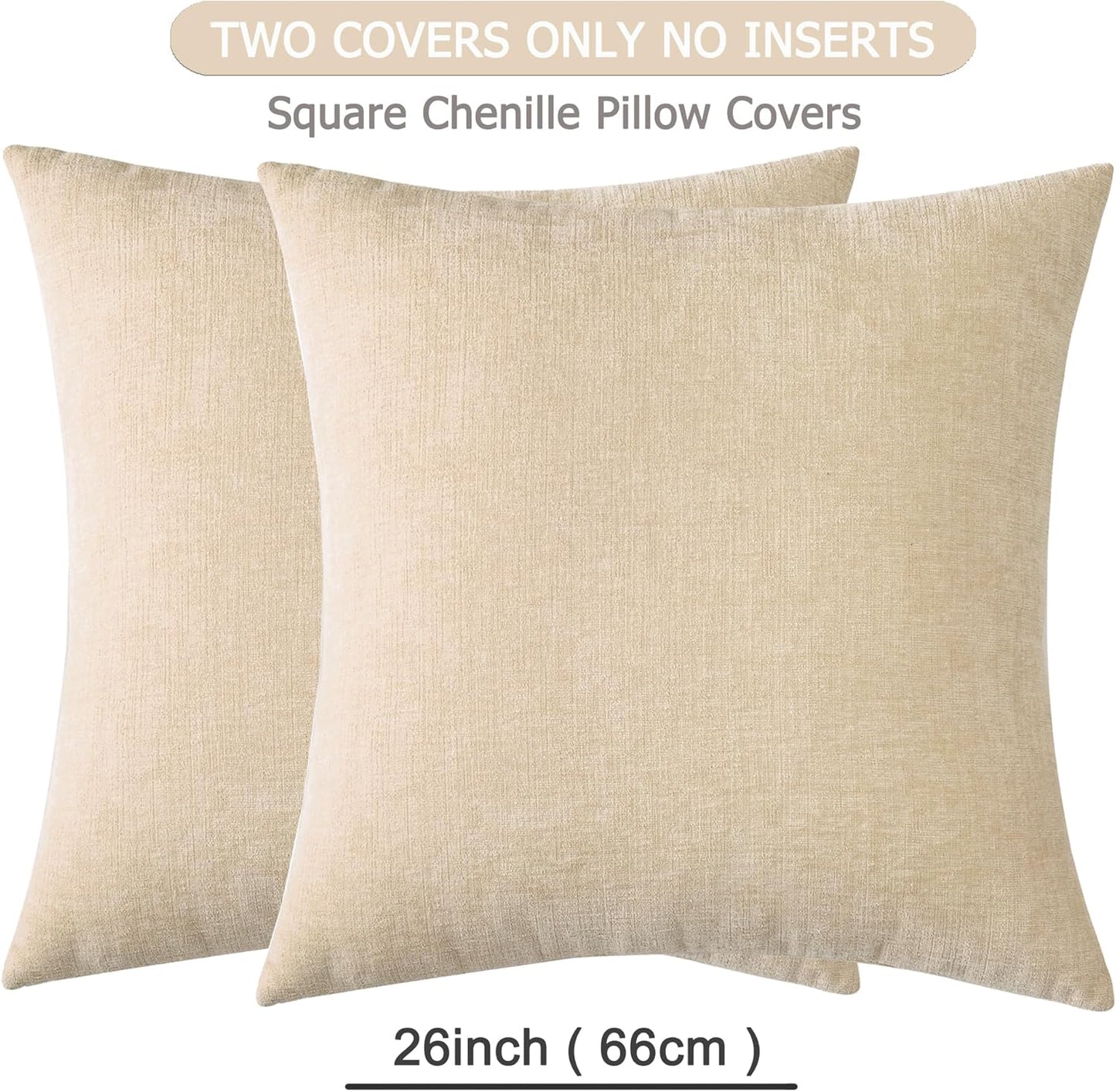 GAWAMAY Decorative Chenille Throw Pillow Covers 26x26 Inch Pack of 2, Soft Square Couch Pillow Cover for Sofa Cushion Living Room Bedroom Solid Dyed Oversized Pillowcases Beige 66x66cm (ONLY Covers)