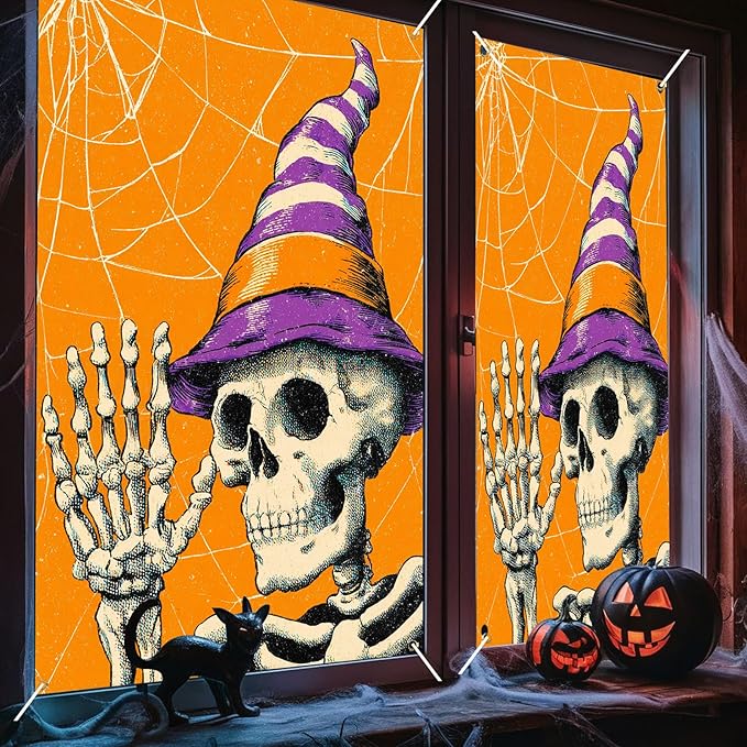 Nuxovilar Halloween Window Decorations, Skull in Witch Hat Halloween Window Cover for Indoor, Party, Haunted House, 31.5x47.3 Inches