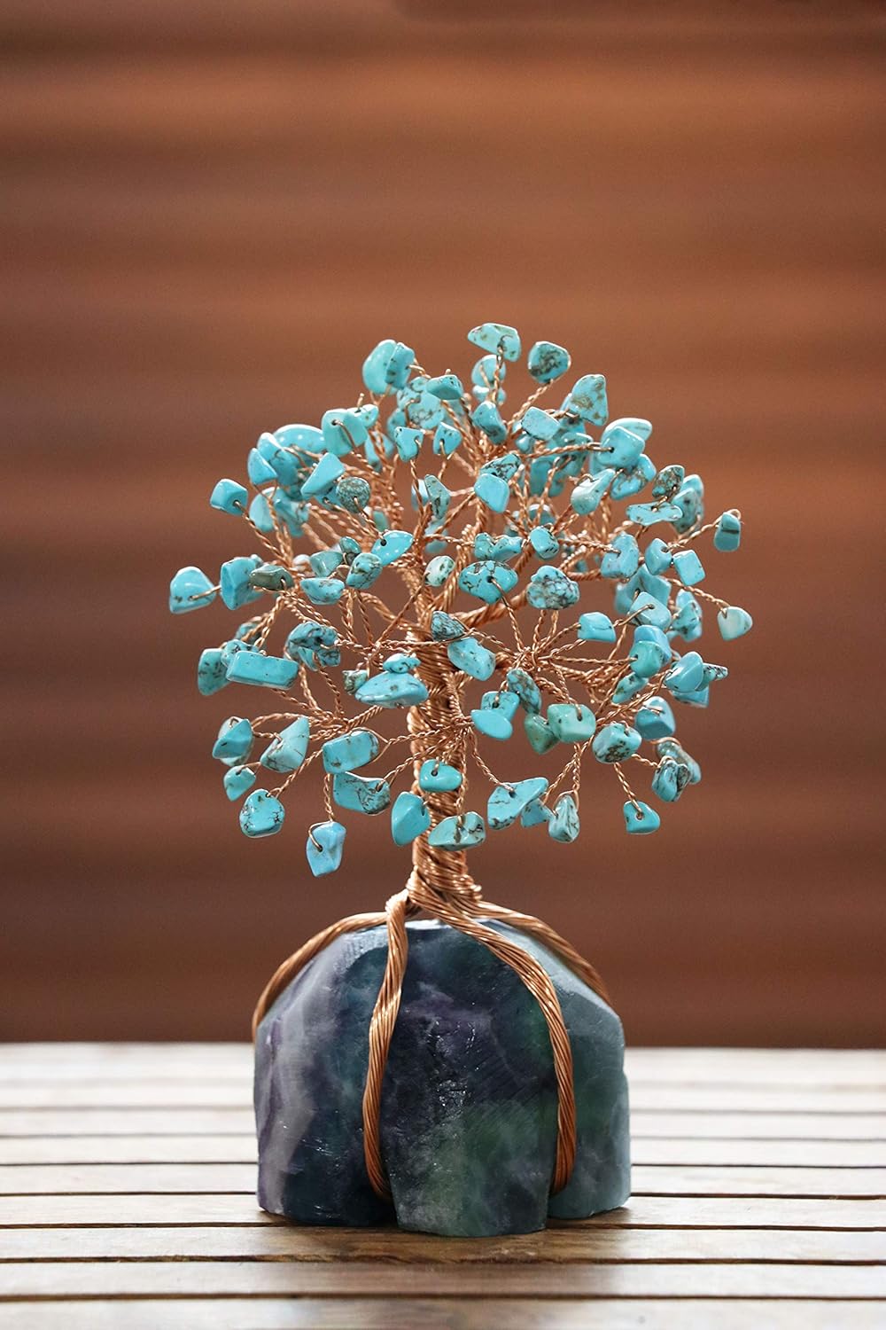 Crocon Howlite Green Turquoise Gemstone Money Tree with Fluorite Rough Wire Wrapped Base | Feng Shui Bonsai | Ornament Figurine | Chakra Balancing | Reiki Crystal Healing | Spiritual | Decor Size 5-6"