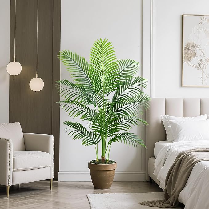 2PCS Artificial Palm Tree 4FT Artificia Plants Indoor Fake Trees Tropical Fake Plam Tree Floor Plant in Black Pot with 13 Trunks & Real Bark Design Faux Palm Plant for Outdoor Home Room Decor