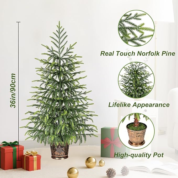 3FT Norfolk Pine Tree with Pot - Christmas Tree with Real Touch PE Branch Tips for Front Porch, Kitchens, Home Indoor Outdoor Xmas‌ Decor