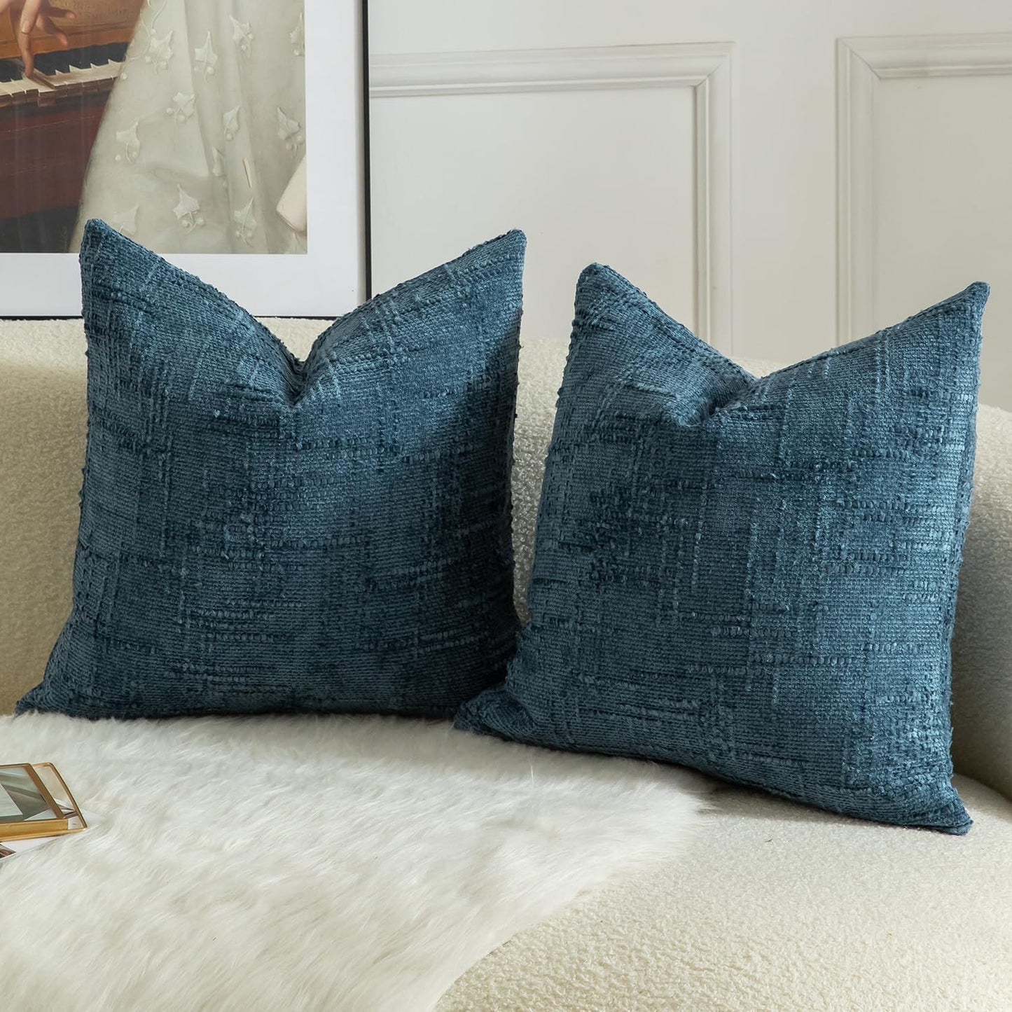 MANDIOO Pack of 2 Soft Chenille Textured Throw Pillow Covers Square Accent Solid Decorative Cushion Cover Cozy Farmhouse Pillow Case for Couch Sofa Bed Living Room 20x20 Inch Navy Blue