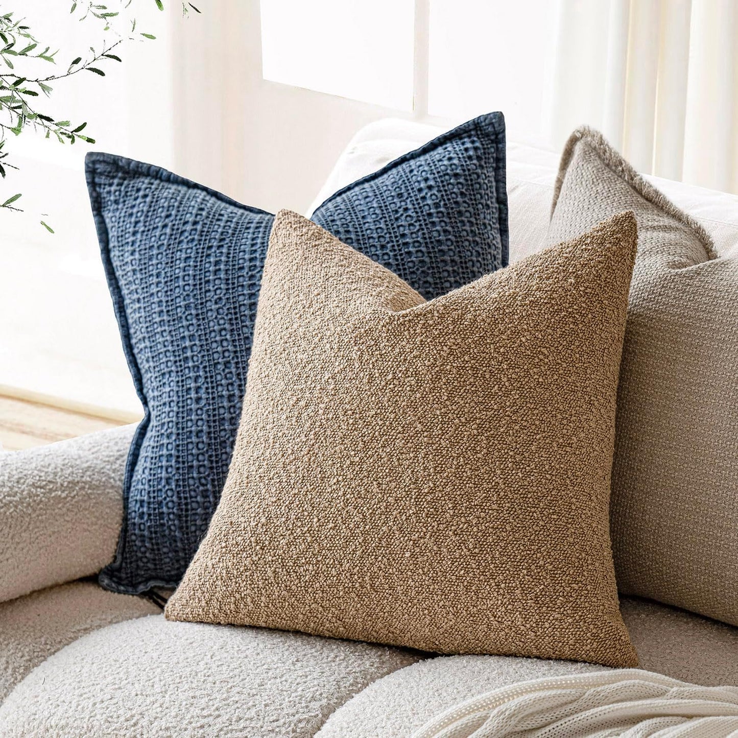 Foindtower Decorative Textured Boucle Throw Pillow Covers Accent Solid Pillow Cases Neutral Soft Cozy Couch Cushion Case for Chair Sofa Bedroom Living Room Home Decor 26 x 26 Inch,Taupe Khaki Camel